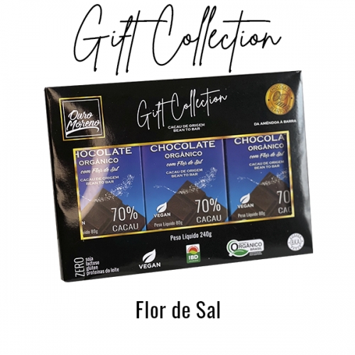 Gift collection chocolate orgânico com flor de sal 70% cacau com 3 barras de 80g ouro moreno